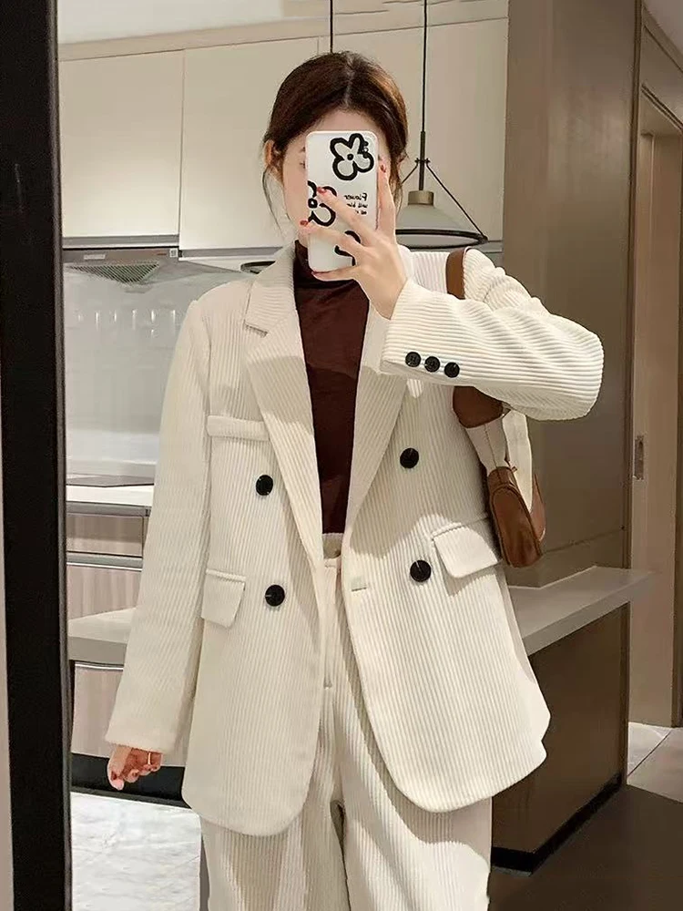 Winter Corduroy Blazer Women Y2K Loose Streetwear Casual Jacket Female Fashion Double-Breasted All Match Lapel Suit Coats New
