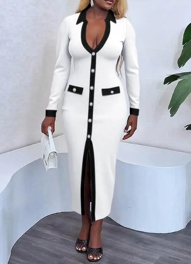 زخرفة أزرار اللؤلؤ، طية صدر السترة بقصة ضيقة، ربط الألوان المتناقضة، فستان محبوك ضيق، فستان اجتماعي أنيق للنساء في الخريف #1