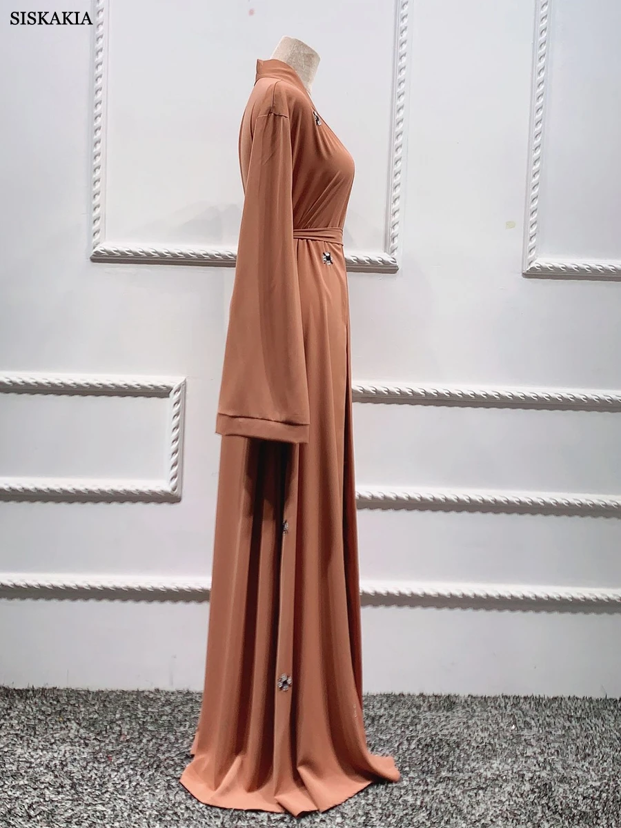 Siskakia Moroccan African Women Solid Beading Open Kimono Abaya With Sashes Daily Casual Loose Muslim Turkish Dubai Clothing