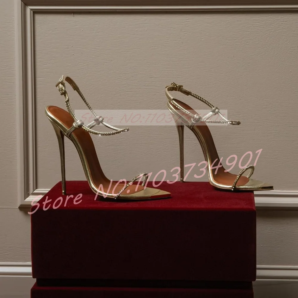 Pink Crystal Ankle Strap 12CM Stiletto Sandals Women Sexy metallic Pointed toe slingback High Heels Sandals Party Dress Shoes view 6