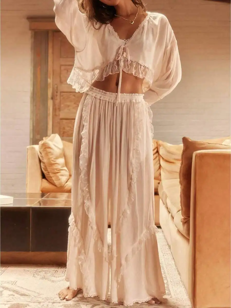 

Women's 2-Piece Lace Trim Lounge Set - Long Sleeve Crop Top & Wide Leg Pants