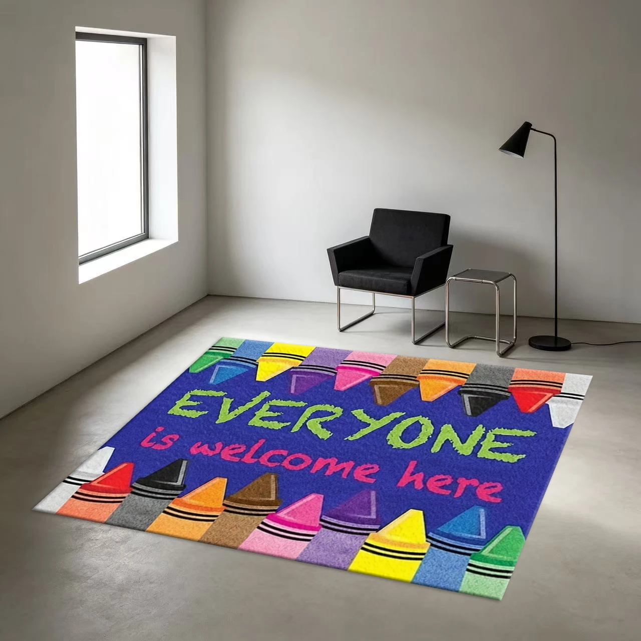 Welcome Here, Everyone Is Welcome. Colorful Crayon Classroom Carpet, Non-Slip Children's Carpet, Suitable for Playrooms, Schools, and Home Decor.