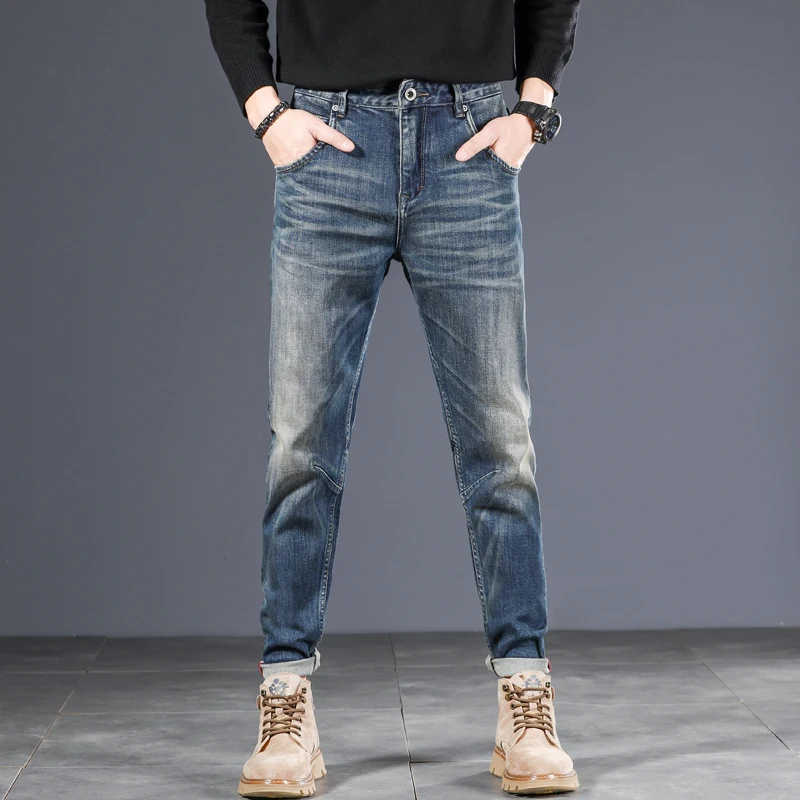 Men Jeans Stretch Blue Slim Straight Streetwear Fashion Desinger Patchwork High Quality Jeans Denim Pants 2024 Trousers