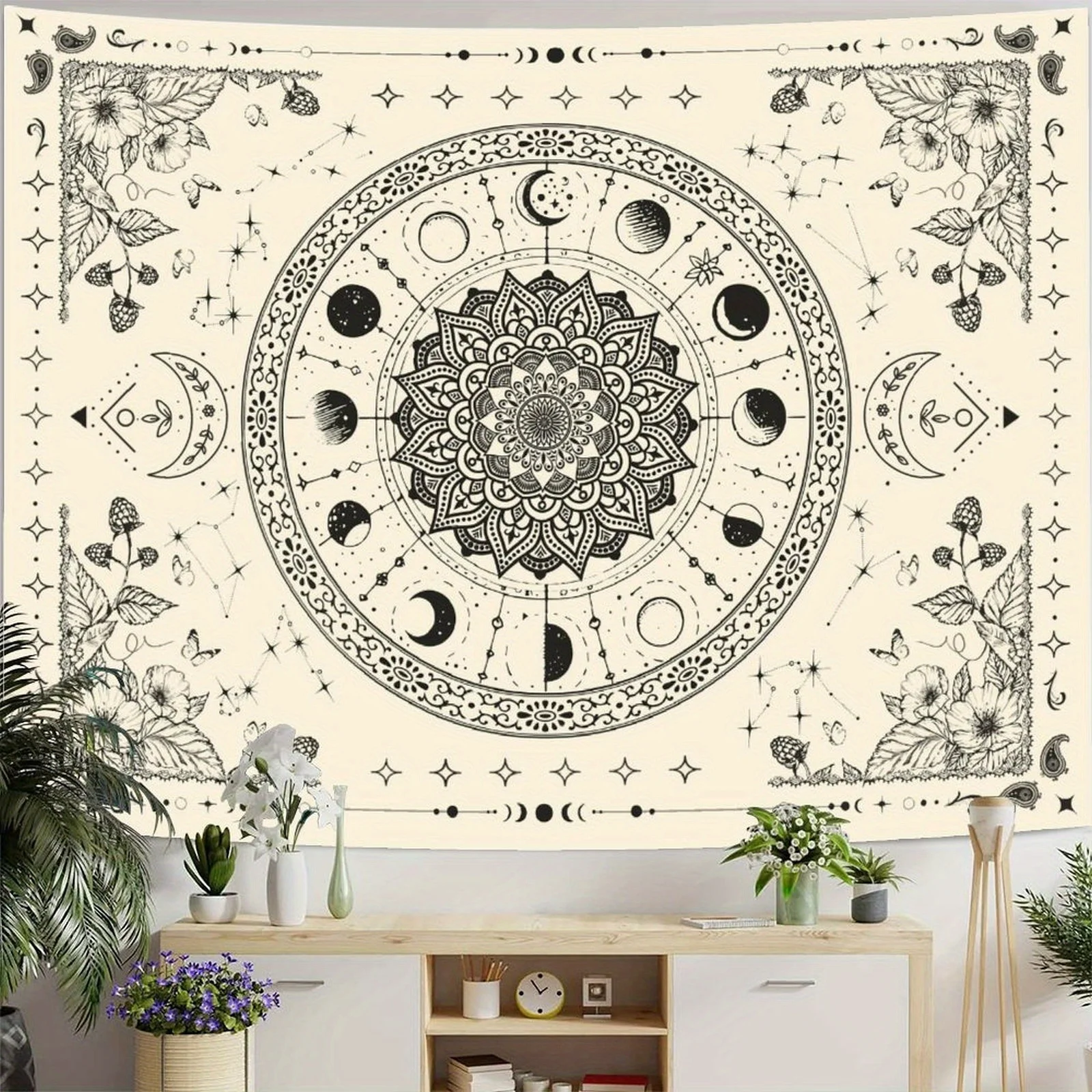 1pc Bohemian Mandala Floral Tapestry - Vintage Indian Wall Hanging with Celestial Moon and Stars Pattern for Bedroom Living Room - Image 2