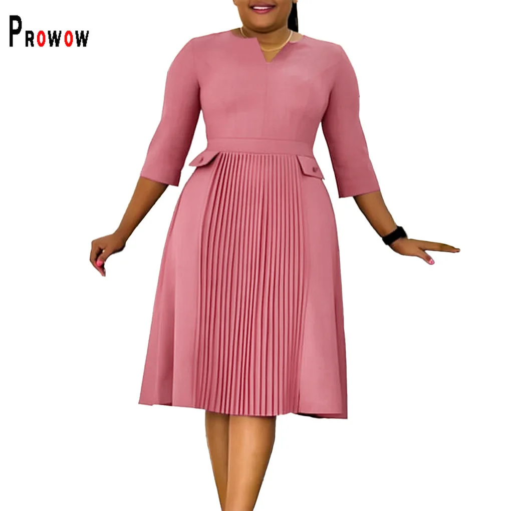 

Prowow Solid Color Women's Dress Elegant Slim Fit Pleated Hemline Office Lady Outfits 2024 New Fall Female Clothing Vestido