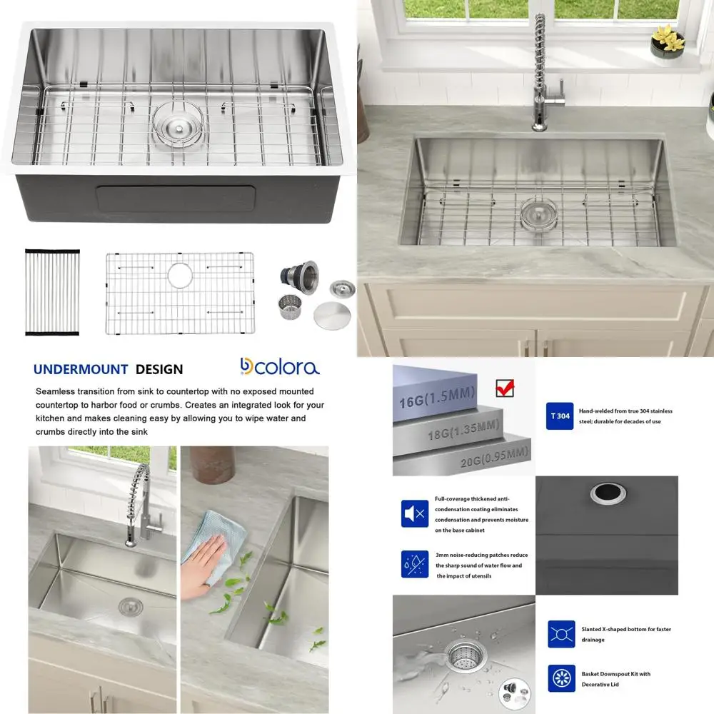 

30-дюймовая кухонная мойка из нержавеющей стали с одной чашей, калибр 16, 30x19x9, закругленные углы, установка под столешницей