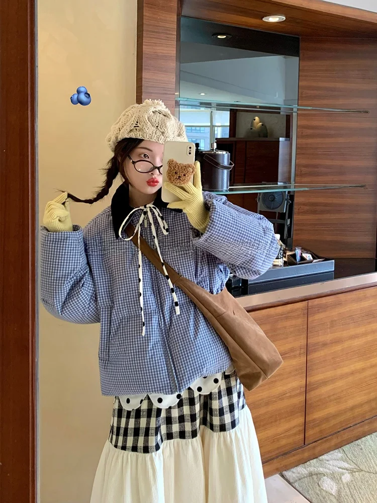 

Женское зимнее теплое утолщенное пальто Fufufun Blueberry Fluff в стиле ретро с японским дизайном, пэчворком и цветными блоками из вельвета, на пуху