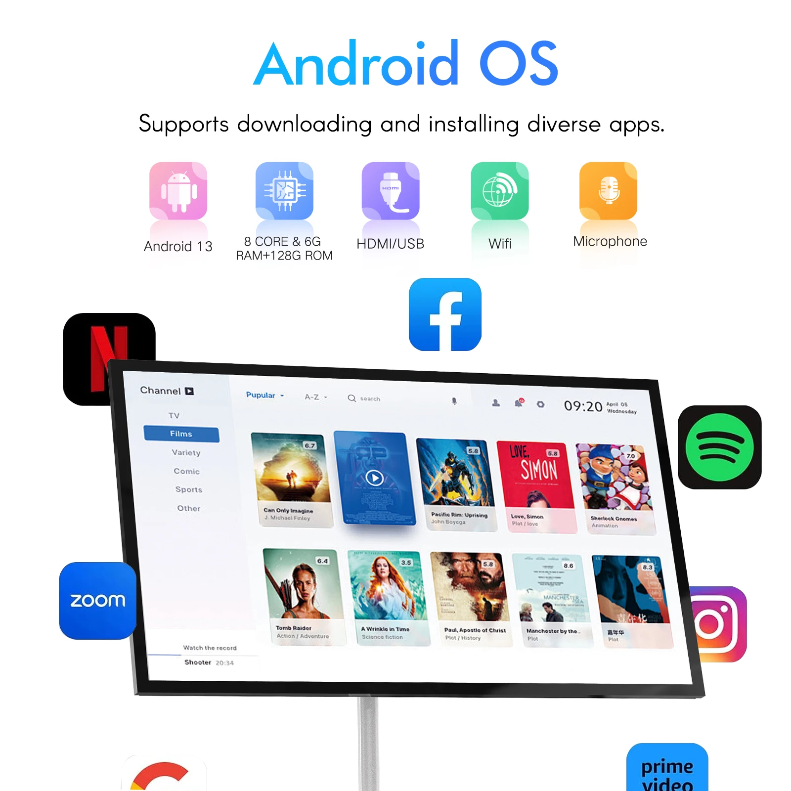 شاشة ذكية محمولة MWE مقاس 32 بوصة على عجلات، وشاشة لمس ذكية 2K مع نظام تشغيل Android، ووقت تشغيل الفيديو 8H
