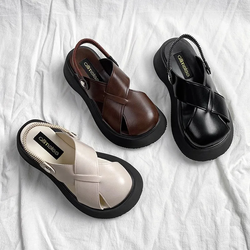 Vintage Muffin Roman Platform Sandals Women's New Summer Fashion Woven One Line Buckle Detachable Sandals Shoes for Women