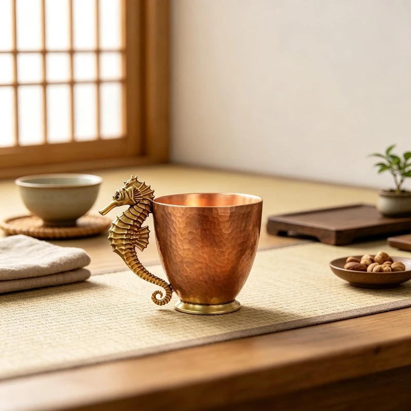 Original Copper Coffee Mug, Seahorse-shaped Tea Cup Art Sculpture, Minimalist Home Decor Ornament, Meaningful Gift Choice.