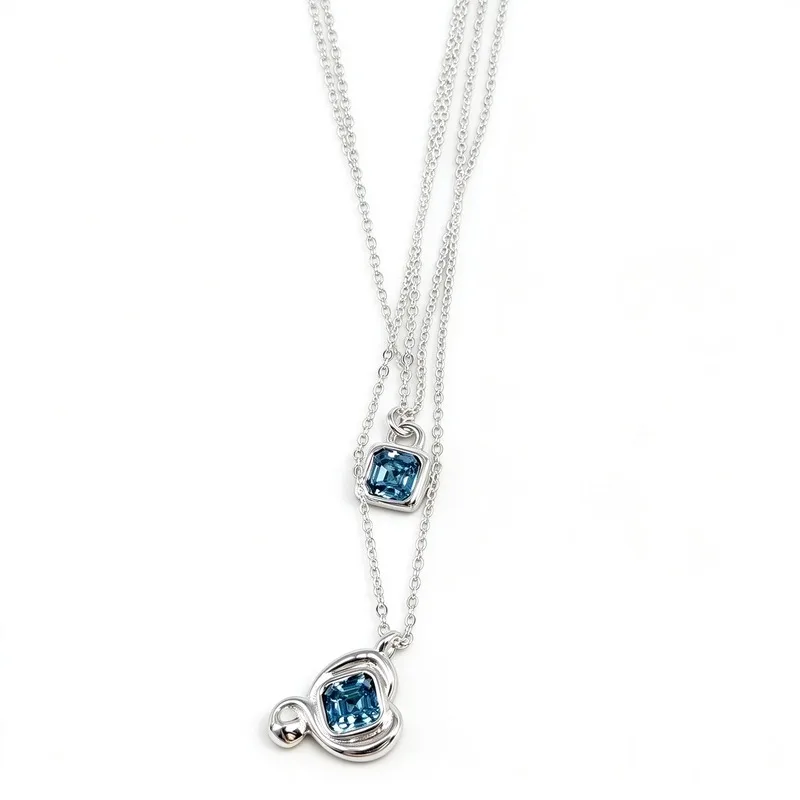 Layered Silver Necklace for Women, Two Layer Blue Gemstone Pendant Set, 45+6cm with Extender, High Quality Alloy, Hypoallergenic, Polished Mirror Finish, Minimalist Elegant Jewelry, Trendy Layering Statement Necklace, Versatile, Nice Gift, Easy to Match
