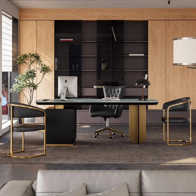 

Light luxury rock slab desk modern simple retro style smoky color high-end computer desk writing desk