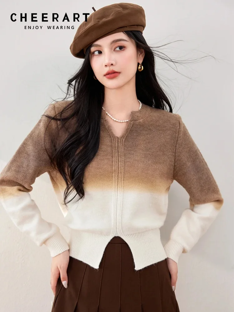 CHEERART Gradient Brown Long Sleeve Pullovers Cozy Sweater Women Jersey V Neck Knitwears Jumper Autumn Clothes