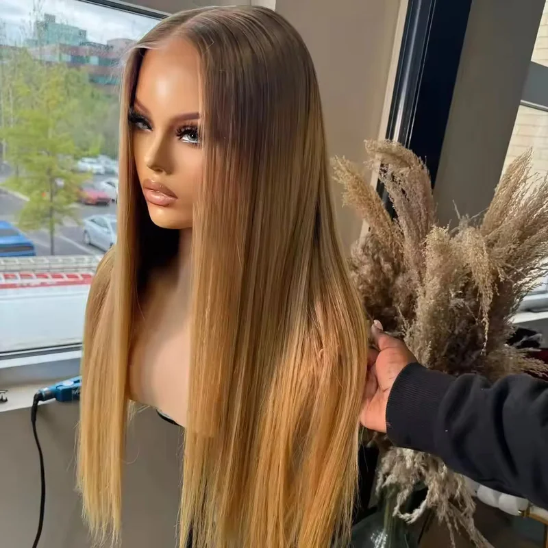 Long Straight Ombre Brown to Dark Honey Blonde Human Hair Wigs Lace Front Wigs
