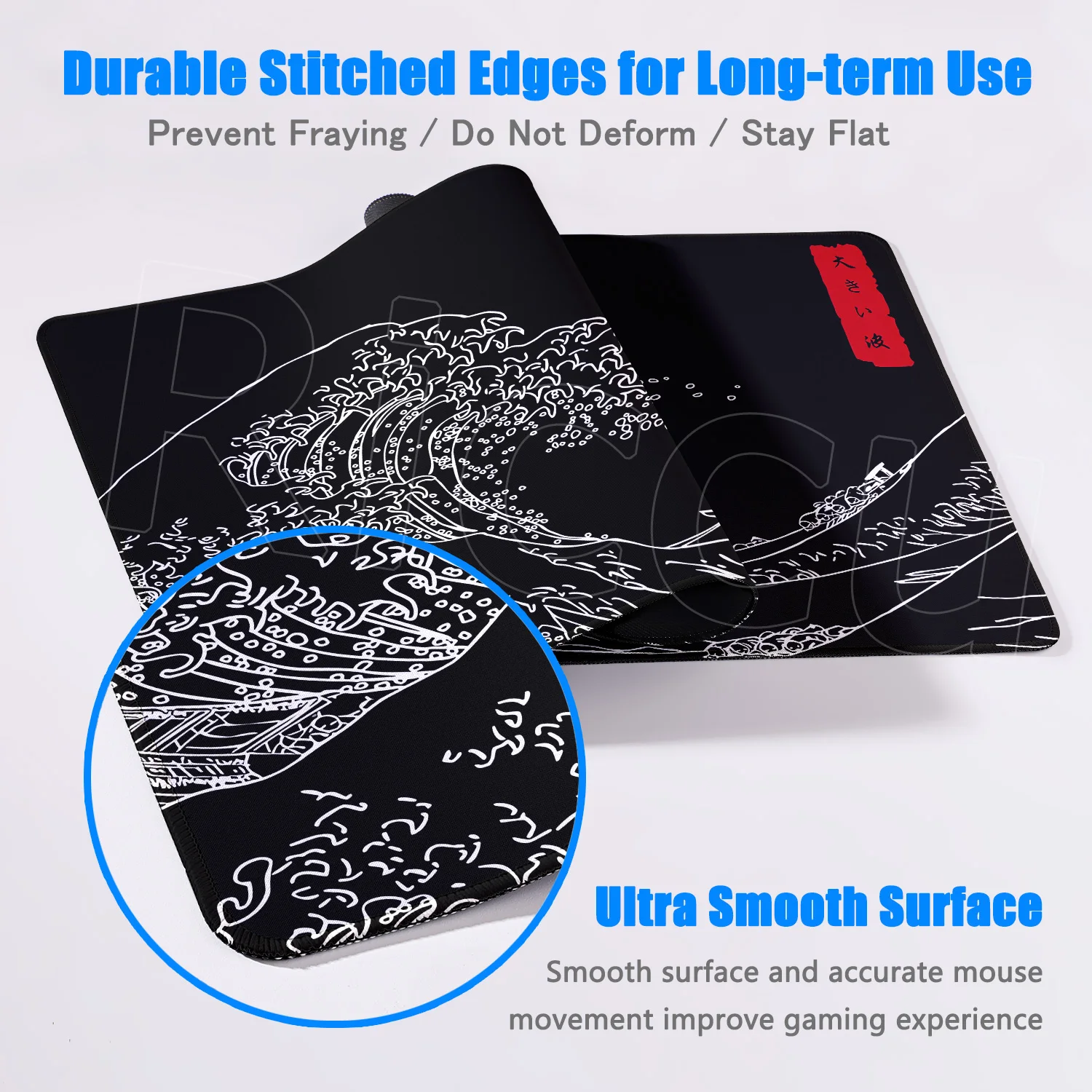 Gaming Mouse Pad Great Wave Off Kanagawa สีดํา Deskmat 90x40 ซม.แป้นพิมพ์ลื่น Pad บนตารางพรม XXL ยาง mousepad