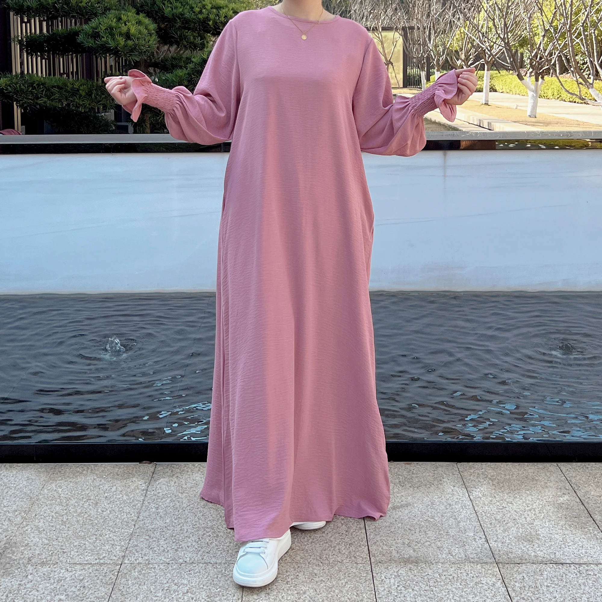 Muslim Long Dresses Under Abaya Inner Dress Women Crepe Smocked Cuffs Islamic Clothing Casual Dubai Turkey Modest Hijab Robe