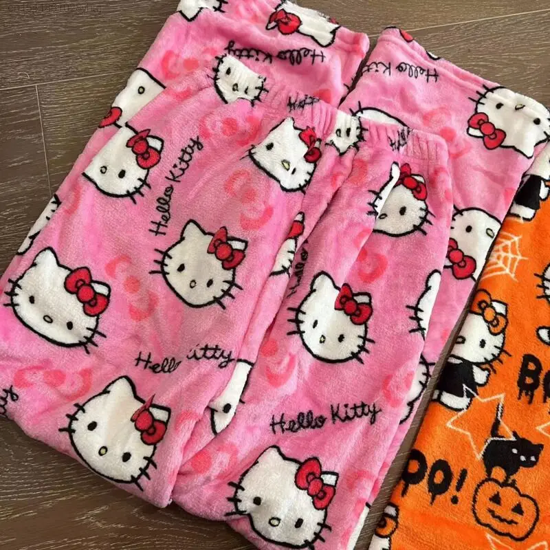 Sanrio Hello Kitty Plush Pajama Sleepwear Pants Women\'s Winter Halloween New Warm Casual Pjs Home Wear Pants Cute Fuzzy Trousers