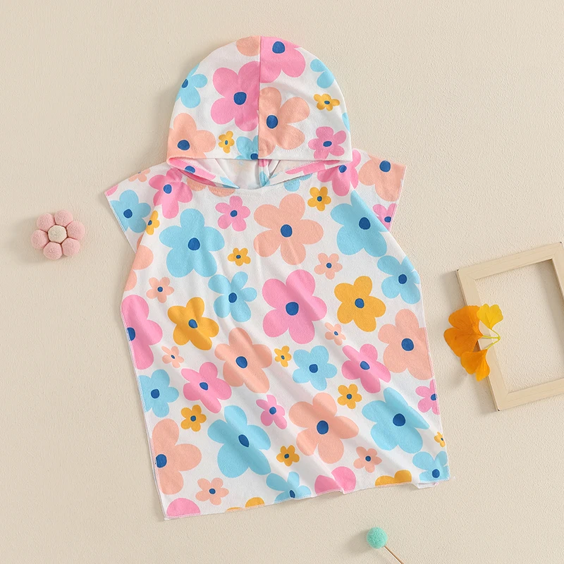 Toddlers Girl Hooded Poncho Floral Print Soft and Absorbent Bath and Beach Towels