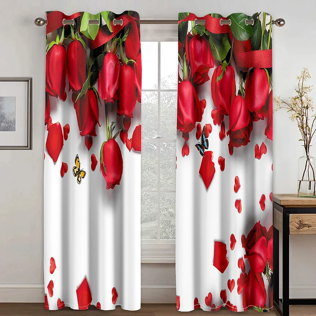 Modern Valentine\'s Day Rose Red Flowers Curtains For Lovers Bedroom Window Curtain For Living Room Curtains Drapes 2Panels