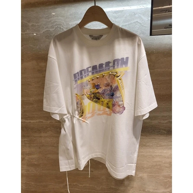 

Футболка женская летняя/весенняя из чистого хлопка ручной работы с круглым вырезом, коротким рукавом, блестящими боковыми разрезами, повседневный модный топ