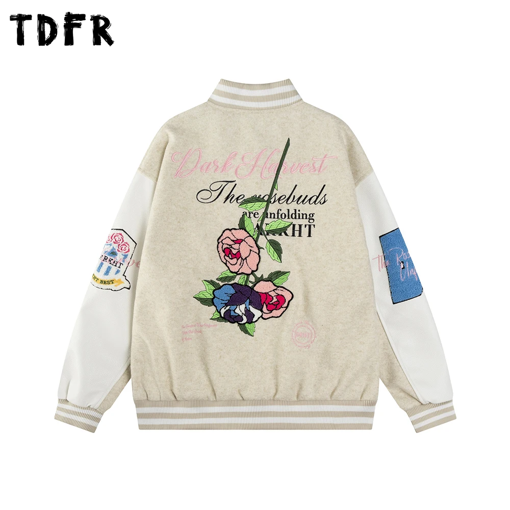 

Retro Rose Embroidery Baseball Jacket Mens Autumn Winter Casual Stand Collar Single Breasted Sleeve PU Letterman jacket Man