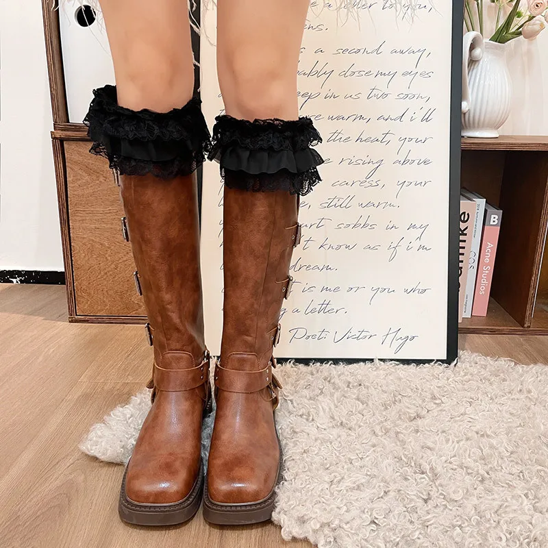 Vintage Lace Boots Socks Leg Warmer Japanese Women Y2K Lace Knitted Winter Warm Cotton Blends Leg Cover Socks Cuffs Accessories