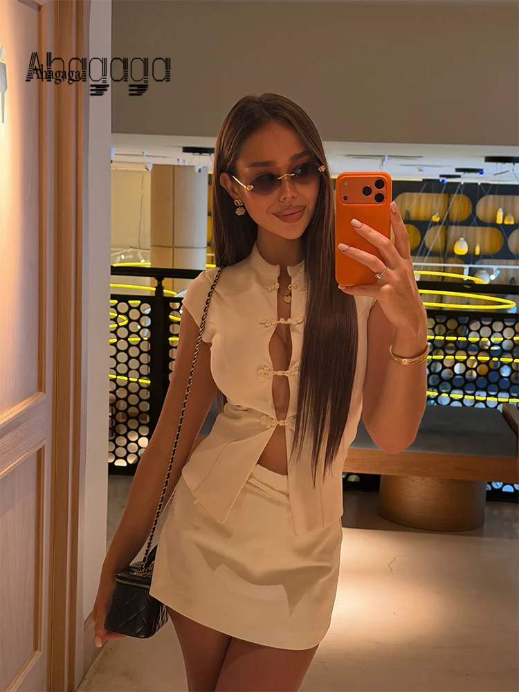 Ahagaga Causal Women Tops Solid Hollow Out Short Sleeves Slim Fit Button Regular Eelgant Streetwear Tees Female Basic T Shirts
