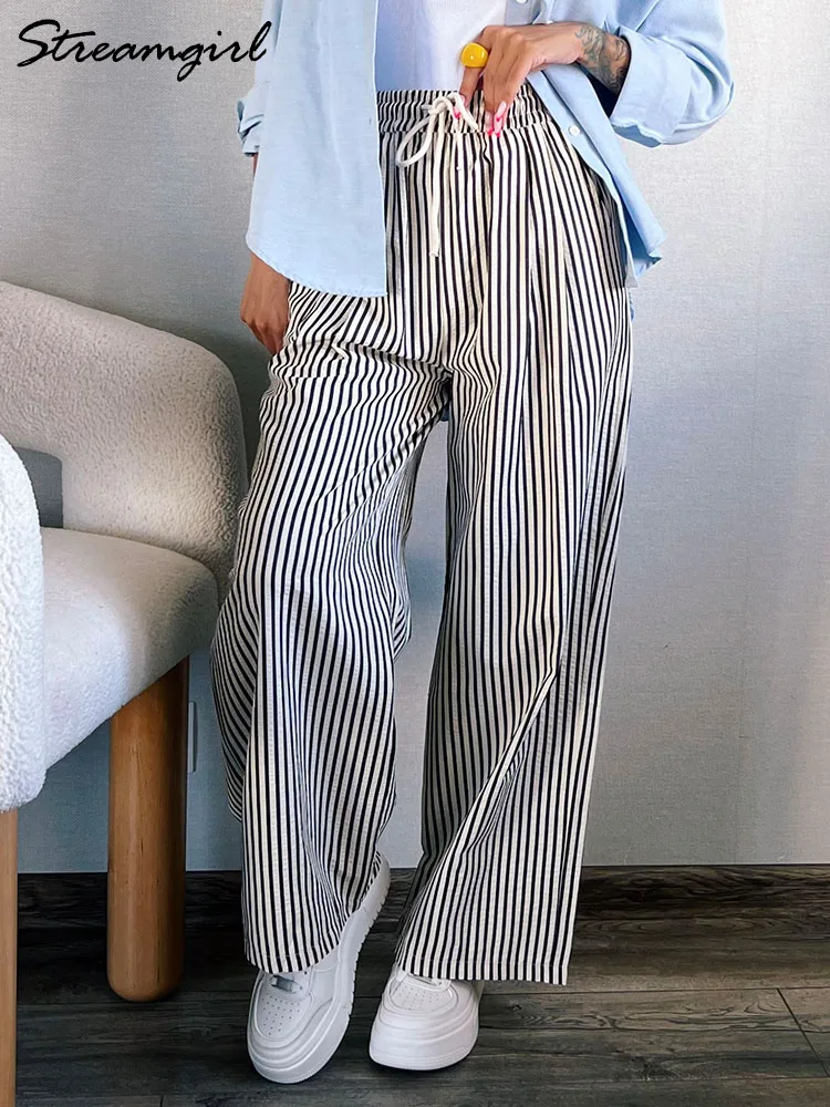 Streamgirl Wide Leg Women Striped Pants Autumn Black White Summer Loose Casual High Waist Trouser Ladies Straight Pants Women