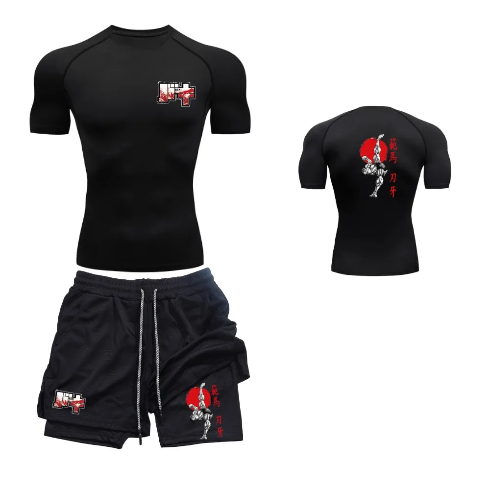 

Men's and women's fashionable casual sports sets, quick drying fitness sets Baki Hama animated print, 2-in-1 shorts