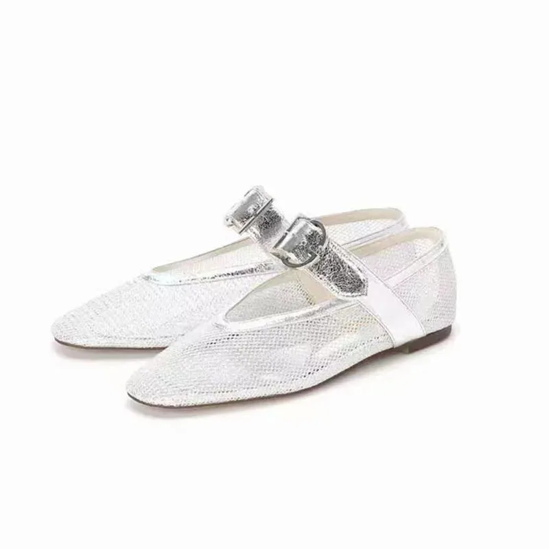 الانزلاق على الباليه الشقق الصنادل شبكة مشبك البغال شبكة صيد السمك أحذية راقصة الباليه النساء أسود أحمر أبيض جلد Sandalias Mujer Verano