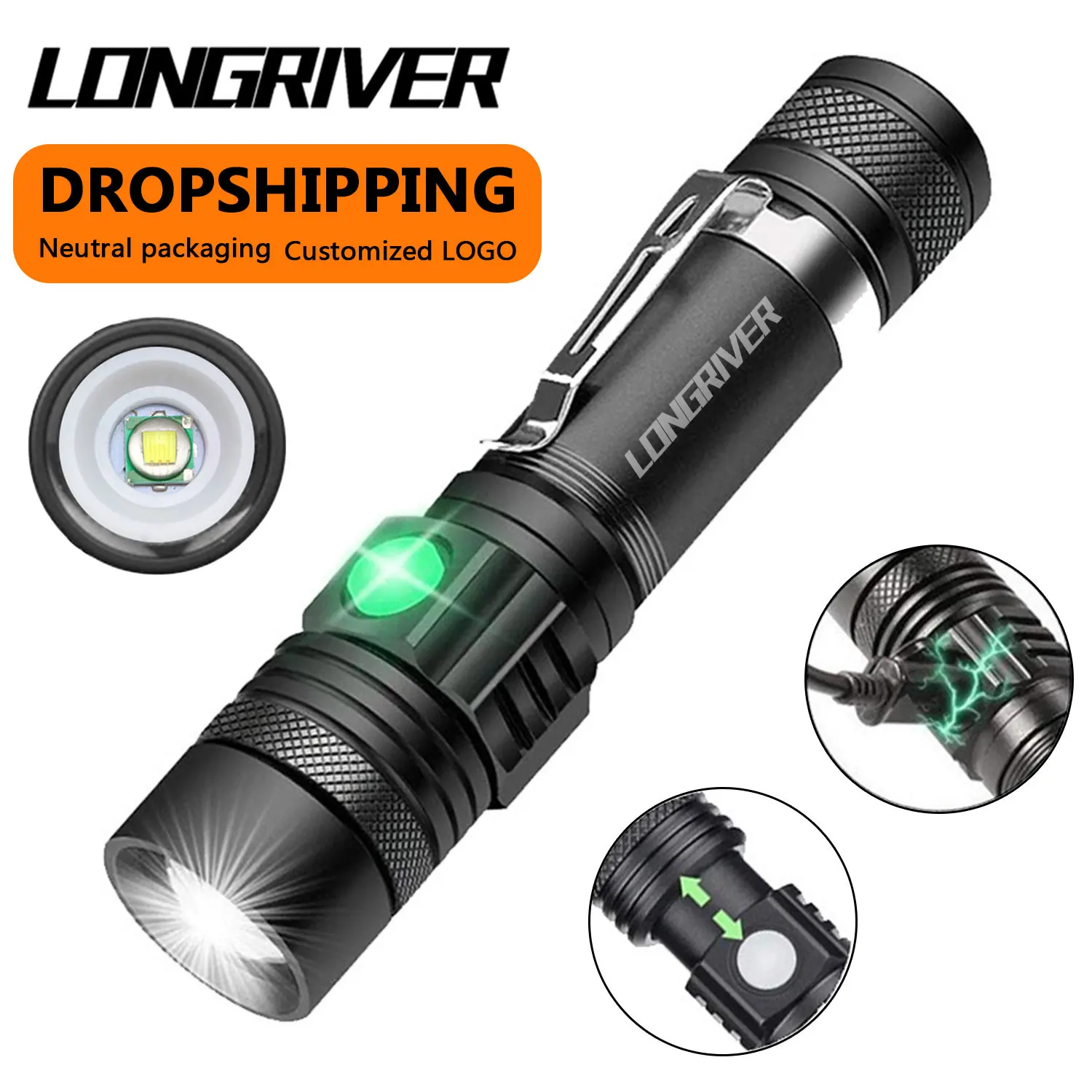 

LONGRIVER Mini LED Flashlight T6 Charging Outdoor Telescopic Zoom Multifunctional Portable Hunting Torch Maintenance Work Light