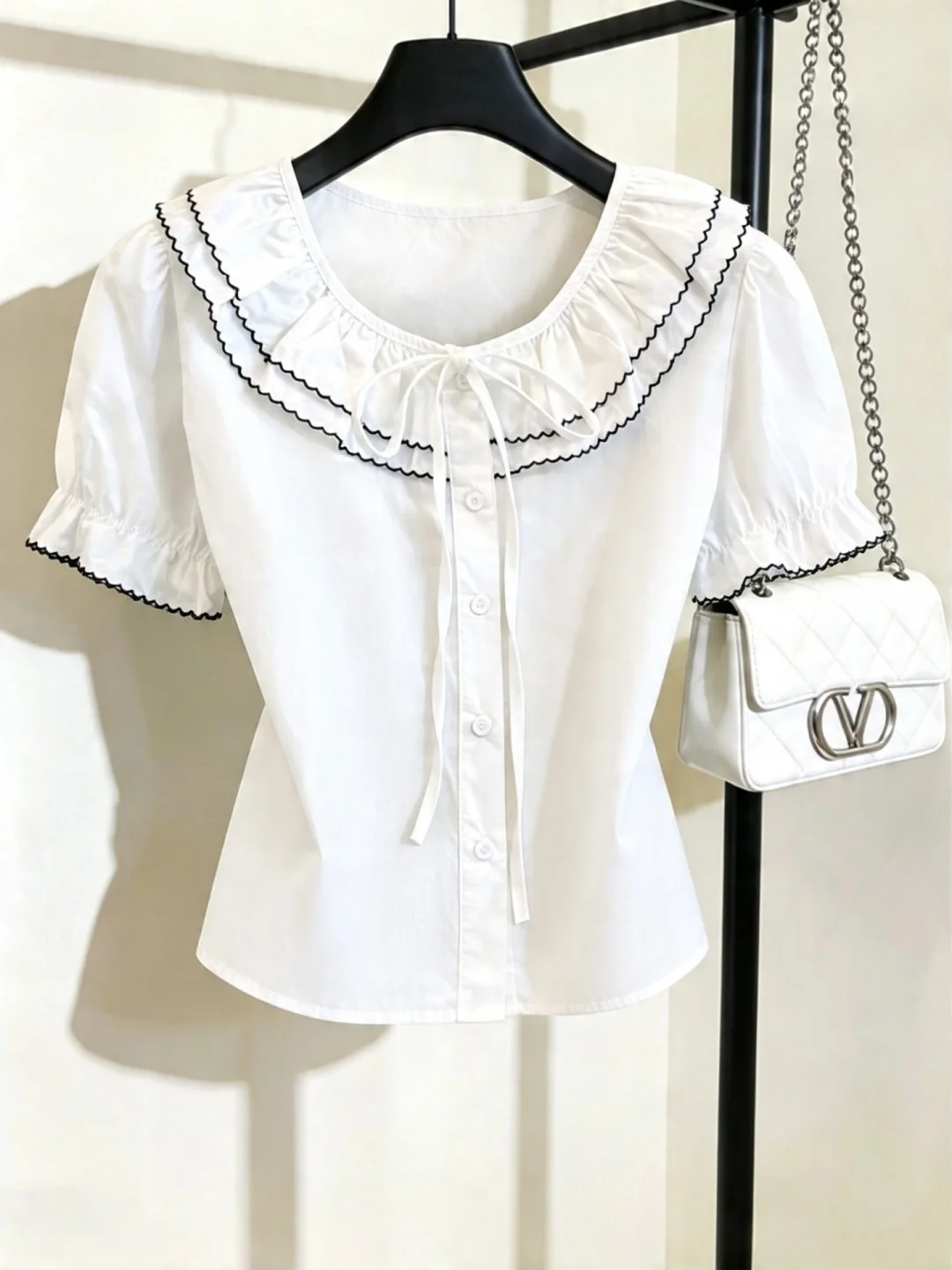 

French Style Short Sleeve Doll Collar Shirt Women's Summer Slimming Top Breathable Cotton Polyester Blend Knot Detail