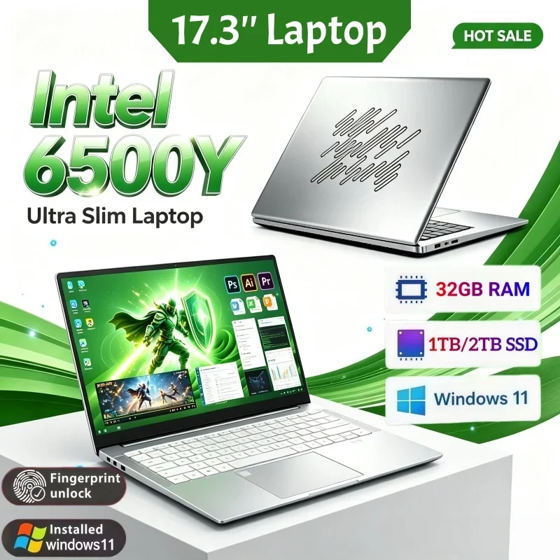 Intel 6500Y Sleek Design 17.3 Inch Large Screen Laptop 16/32GB RAM 1/2TB BIG SSD Bright Windows11 Portable for Study Office