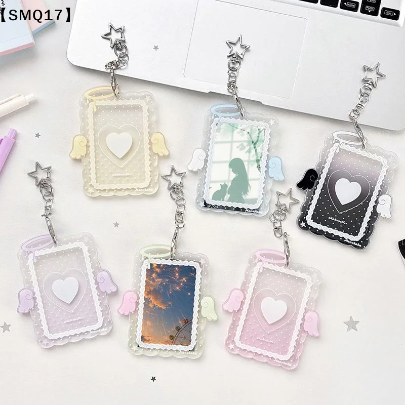 1Pcs 3 Inch Transparent Acrylic Photocard Holder Cartoon Angel Wing Star Keychain For Kpop Photos ID Cards【SMQ】