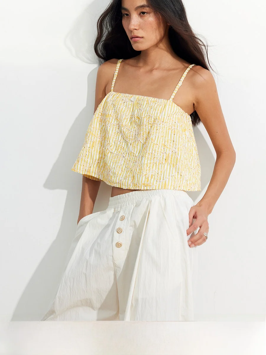 

Embroidered Loose Fit ort Strap Vest Striped 3D Embroidery Breathable Summer Casual Women's Faion Top Chinese Brand