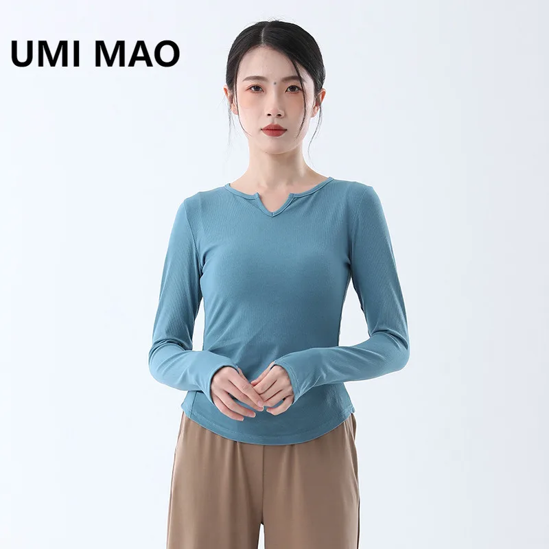 UMI MAO Modern Jazz Dance Practice Top V-Neck Long Sleeve Fingerless Stretch Knit Body Training Shirt Women Basic Training Shirt