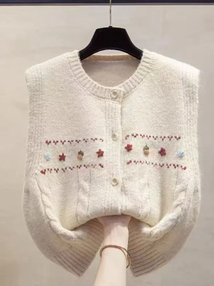 

Retro Embroidered Flower round Ne Knitted Vest Women's Svel Open Cardigan New Sle High Faion Layered Top