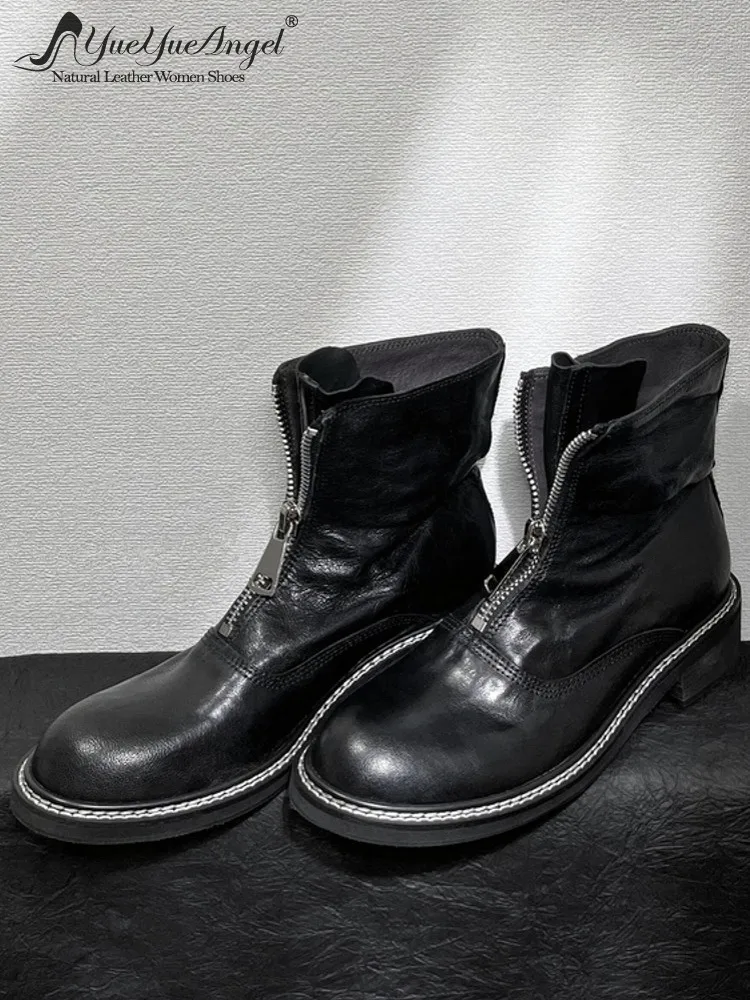 New Autumn Winter Women Design Round Head Zipper Ankle Boots Mid Heel Genuine Leather Boots Solid Color Elegant Fashion Shoes
