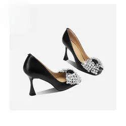 High-end Diamond-bow women's single shoes new selling shallow mouth thin heels Mary Jane high heels square head wedding shoes