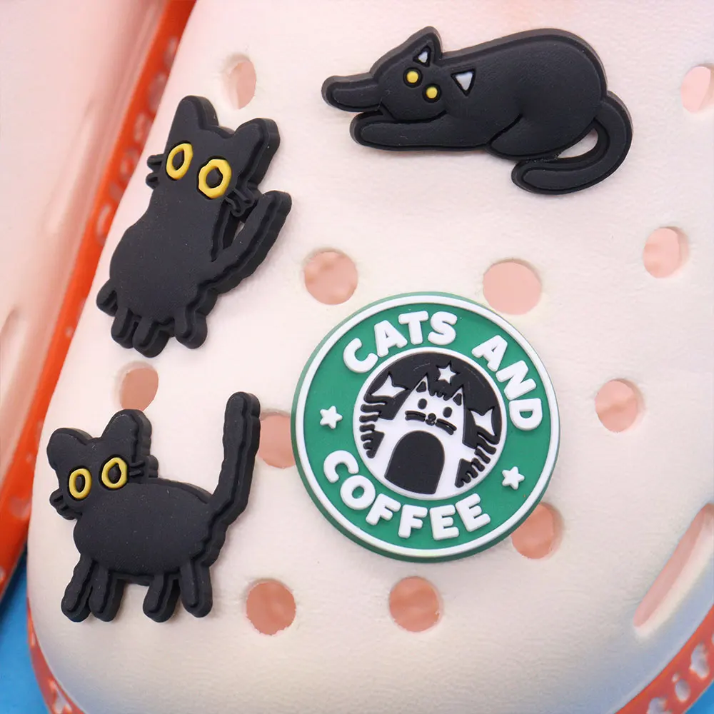 1-9PCS PVC Kawaii Animal Shoe Charms Fit Wristbands Black Cat Sandal Shoe Decoration Buckle Hole Slipper Accessories Xmas Gift