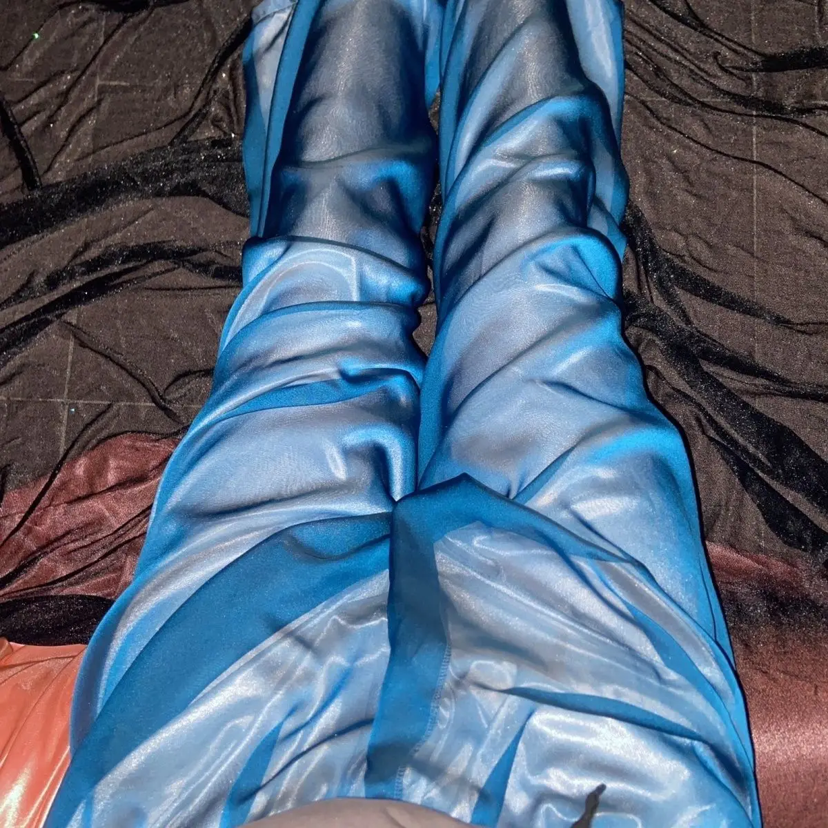 2 Layers Blue voile outside ice silk inside glossy pajamas pants Autumn winter plus size top pants