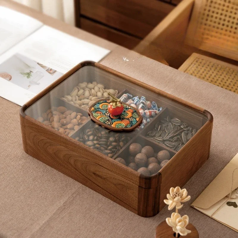 Luxury Solid Wood Snack Organizer Large Capacity Candy Serving Platter Walnut Dining Table Fruit Tray High-End Home Decor Box
