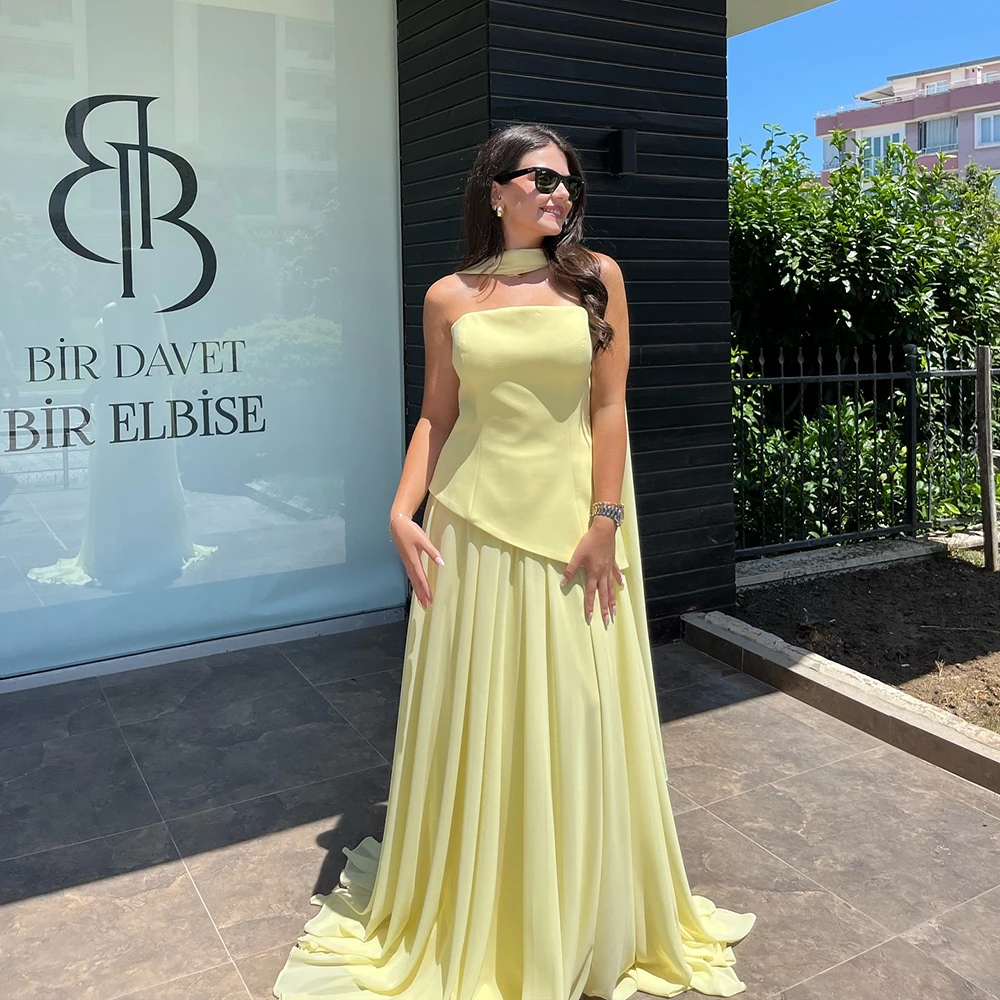 

Customized Strapless Yellow CHiffon Evening Dress Sleeveless Pleat Backless Party Dress WIth Cape Draped Floor Length Prom Gown