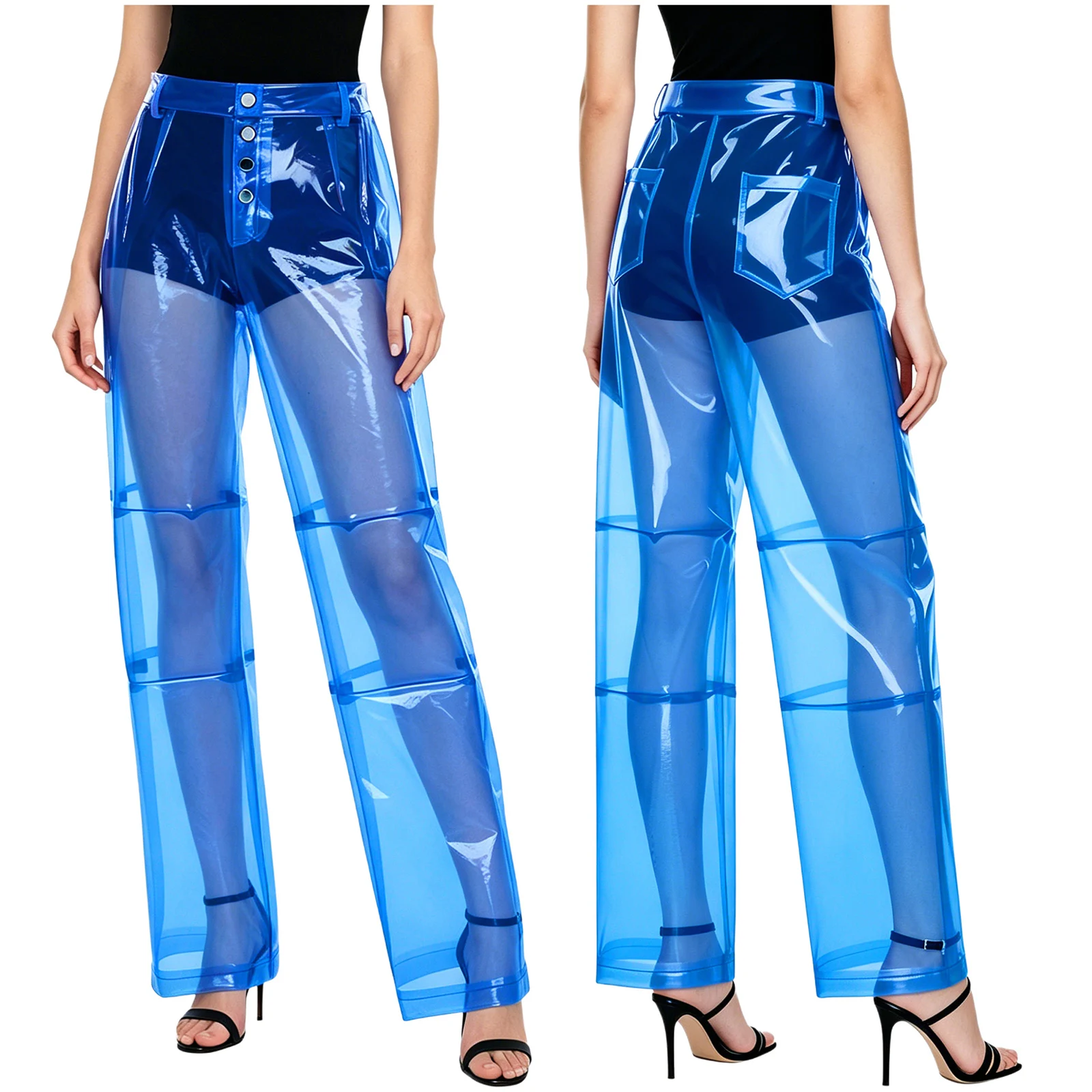 Damen-PVC-Hose mit Knopfleiste, Gesäßtaschen, weitem Bein und geradem Schnitt, transparente Überhose für Party, Tanz und Abschlussball