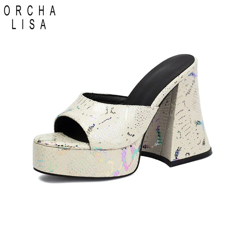 

ORCHA LISA Bling Animal Print Women High Heel Sandals Open Toe 12cm Heel 3.5cm Platform Slip On Mules Big Size 42 43 US12 Beige