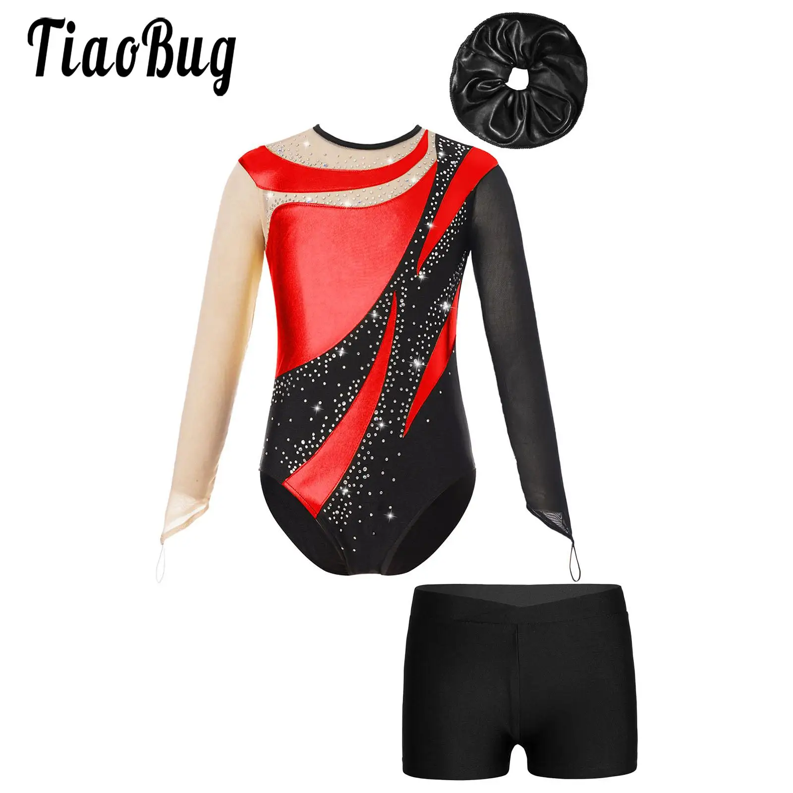 

Kid Girls Leotard Gymnastics Outfit Tights Ballet Long Sleeve Rhinestones Unitard And Shorts Figure Skating Performance Costume