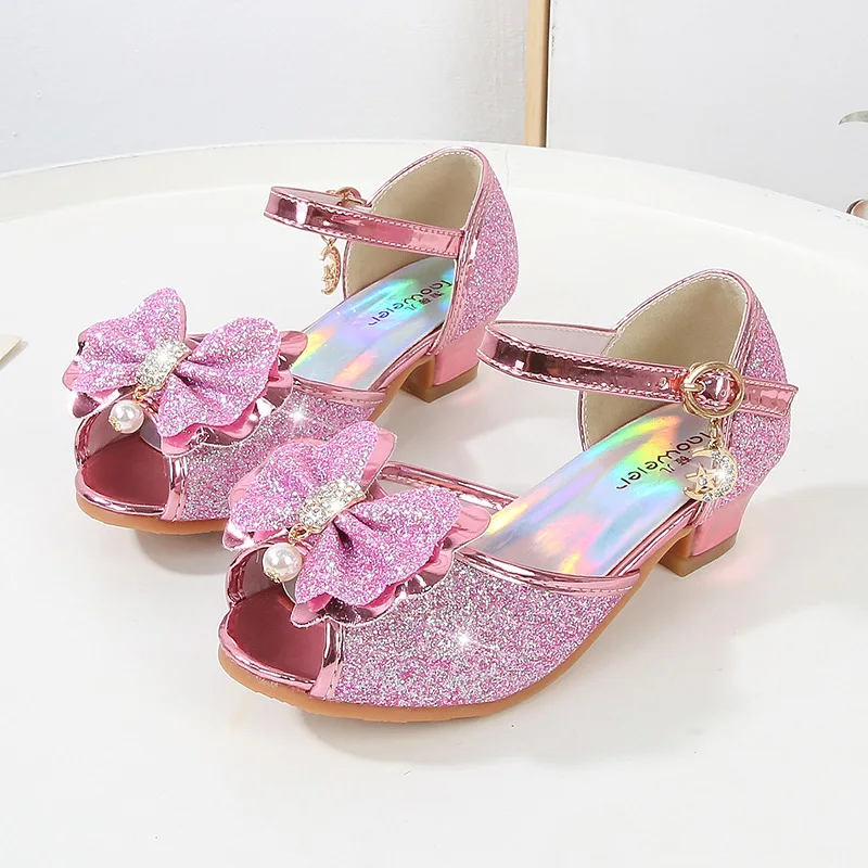 Summer 2024 High Heels Shoes for Girls Pageant Kids Sandals Child Mary Jane Shiny Princess Elsa Cinderella Party Dress Up Shoes