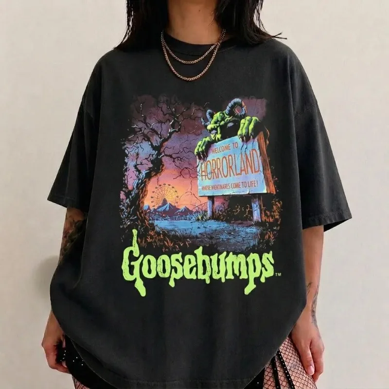 Halloween Goosebumps Themed T-shirt, Retro Haunted House Themed T-shirt Suitable for All Seasons, Unisex Retro T-shirt