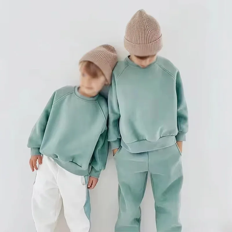 2024 Winter New Children Fleece Sports Set Boys Girls Plus Velvet Thick Sweatshirt + Sweat Pants 2pcs Suit Kids Warm Outfits