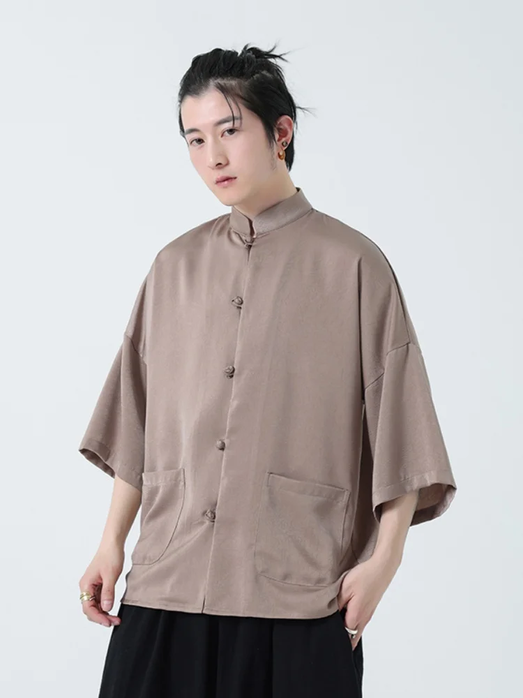 

New Chinese Sle Linen irt Men's Summer Thin Loose Seven-Quarter Sve Tang Costume Stand Collar Button-Up Casual Top Trendy